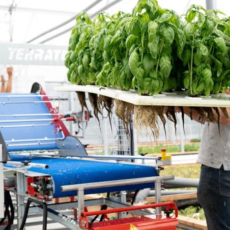 Harvester on fixed station for aquaponics/microgreens